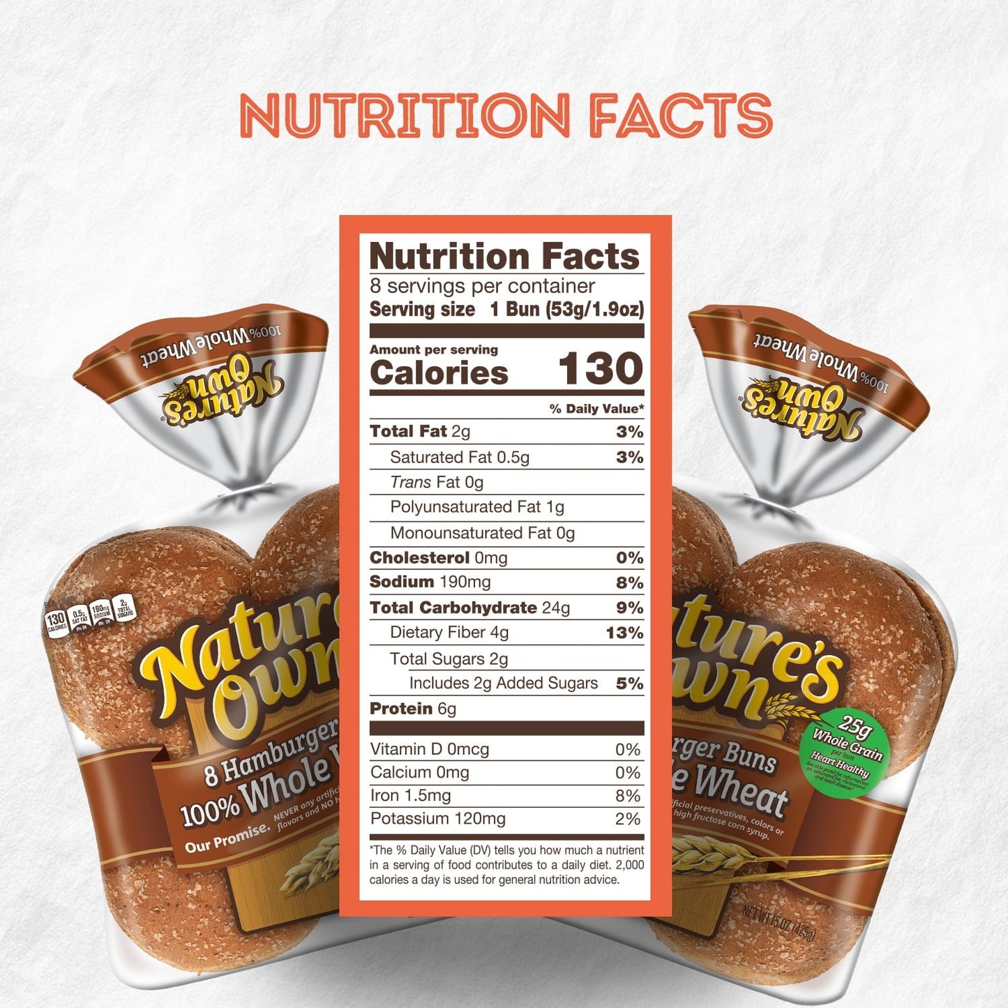 Nature's Own 100% Whole Wheat Hamburger Buns, 15 oz, 8 Count