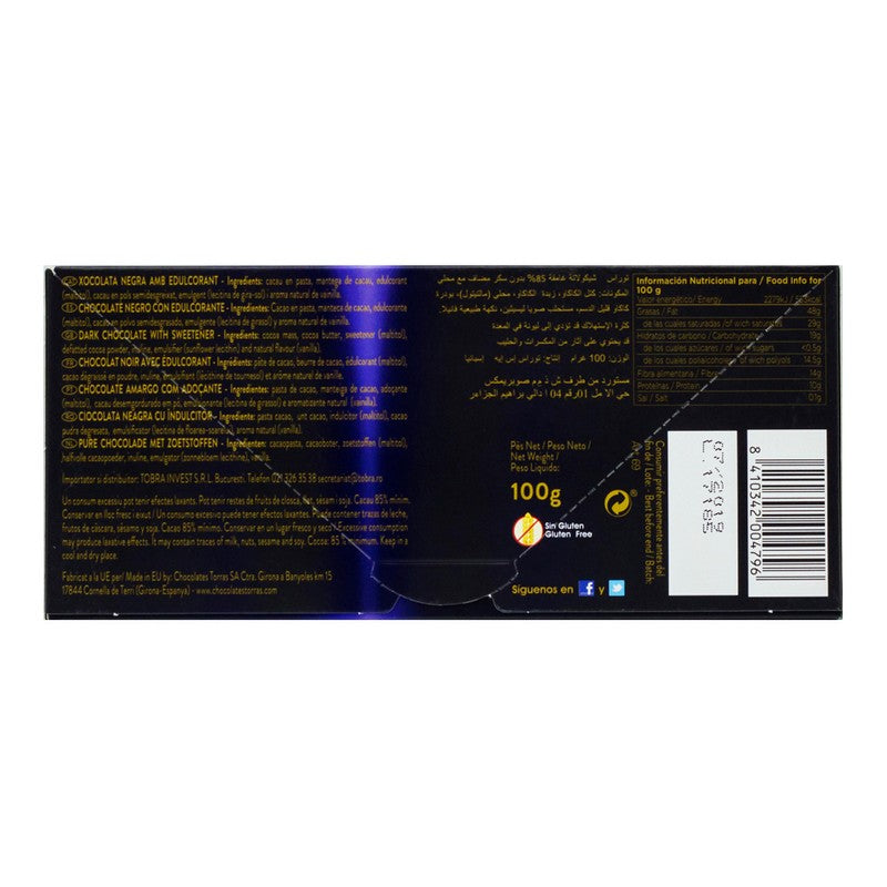 TORRAS 0% ADDED SUGARS 85% FONDANT DARK CHOCLOLATE 100G