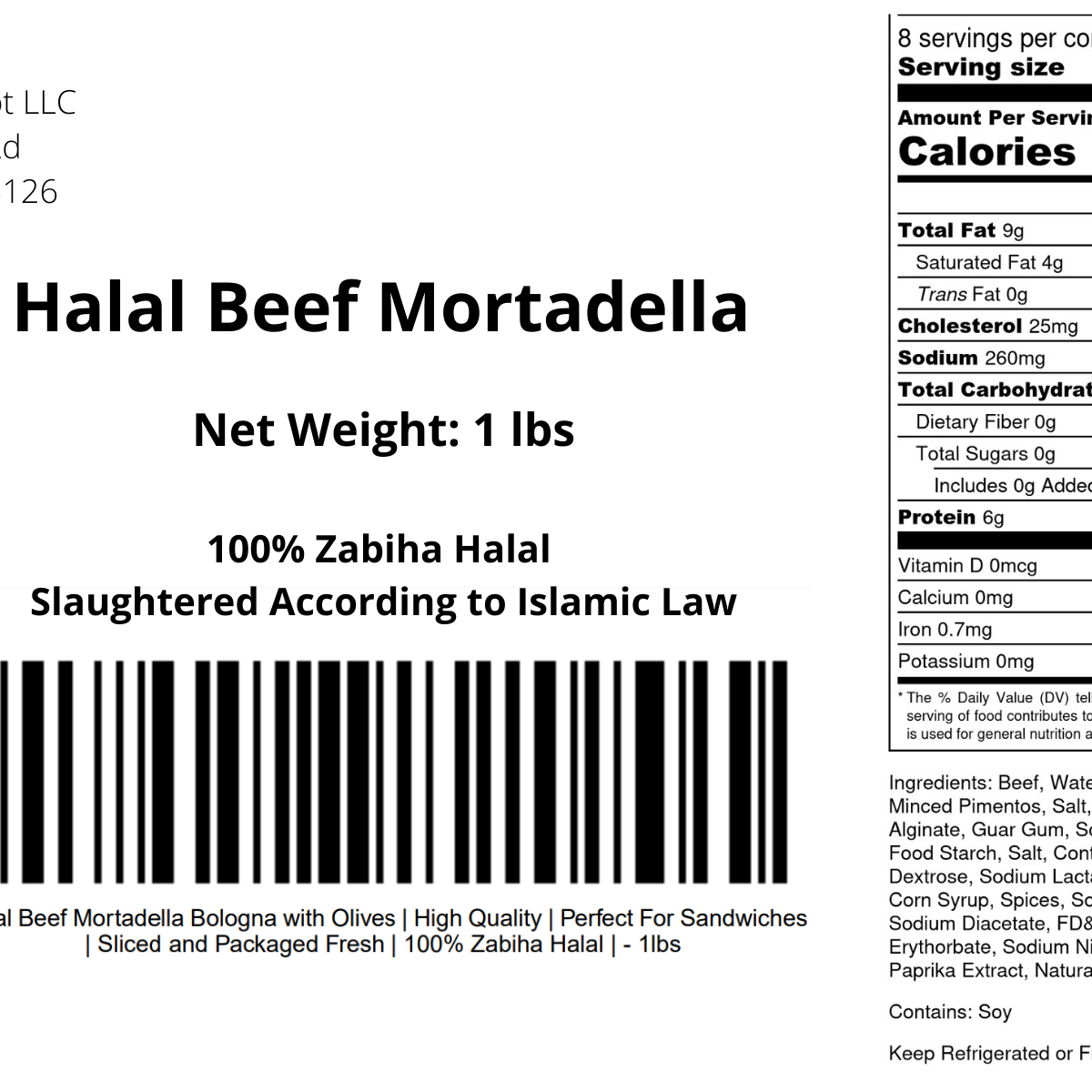 Halal Beef Mortadella Bologna with Olives | High Quality | Perfect For Sandwiches |