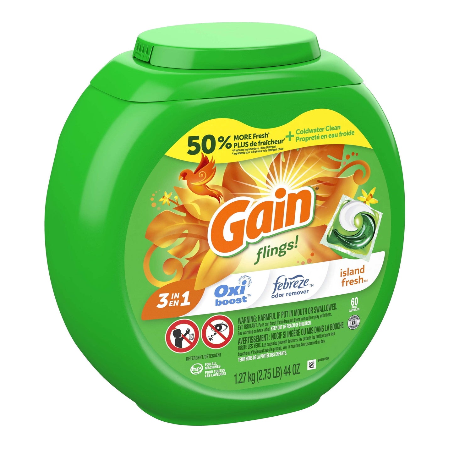 Gain Flings Laundry Detergent Soap Pacs, 60 Ct, Island Fresh