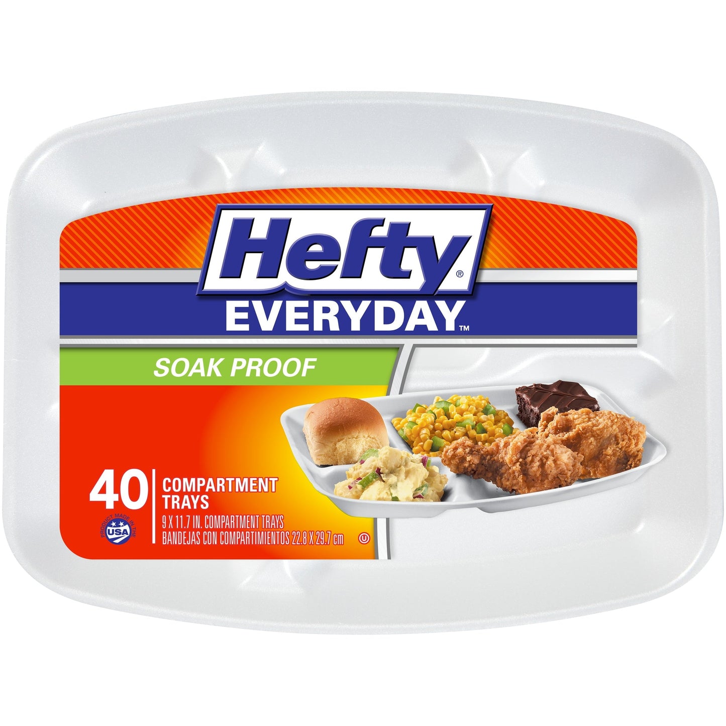 Hefty Everyday Soak-Proof Foam Compartment Tray, White, 9 x 11 Inch, 40 Count