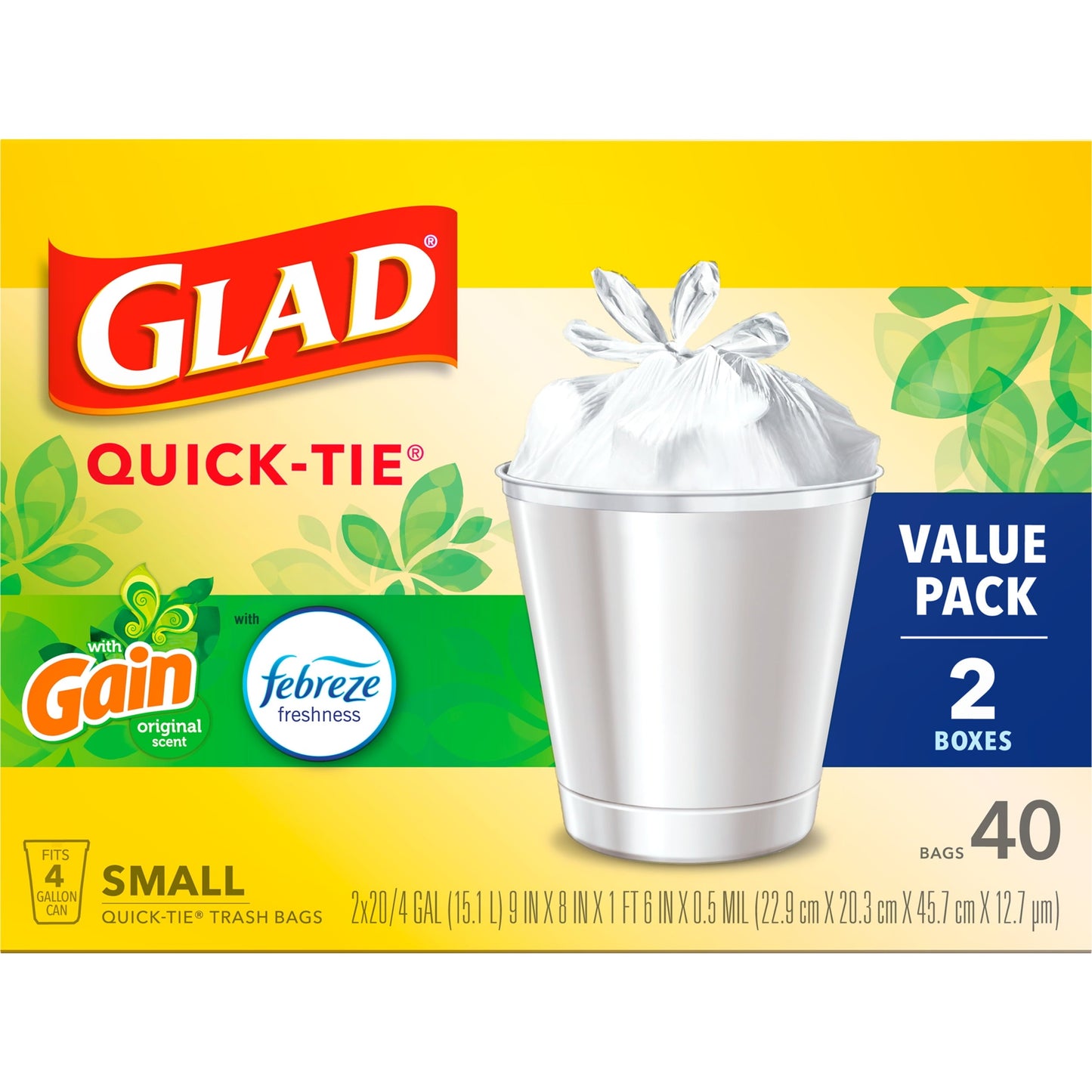 Glad 4 Gallon Small Quick Tie Trash Bags, Gain Original Scent, Febreze Freshness, 40 Bags