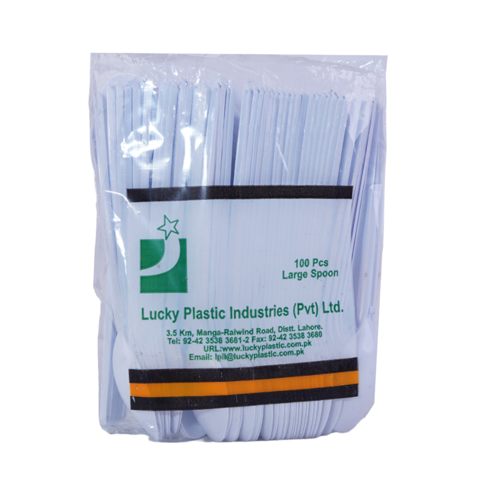 LUCKY PLASTIC DISPOSABLE SPOON LARGE 100PC PACK