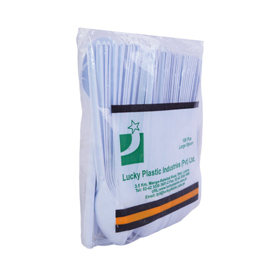 LUCKY PLASTIC DISPOSABLE SPOON LARGE 100PC PACK