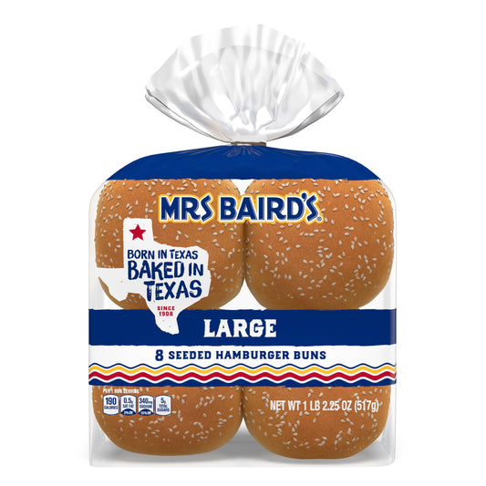 Mrs Baird's Large Seeded Hamburger Buns, 8 count, 18.25 oz