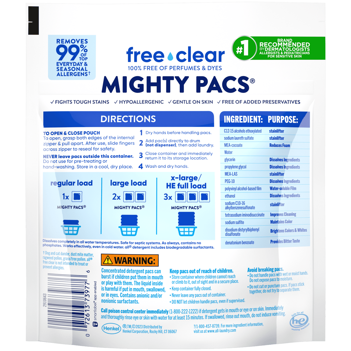 all Mighty Pacs Laundry Detergent Pacs, Free Clear for Sensitive Skin, Unscented and Dye Free, 19 Count