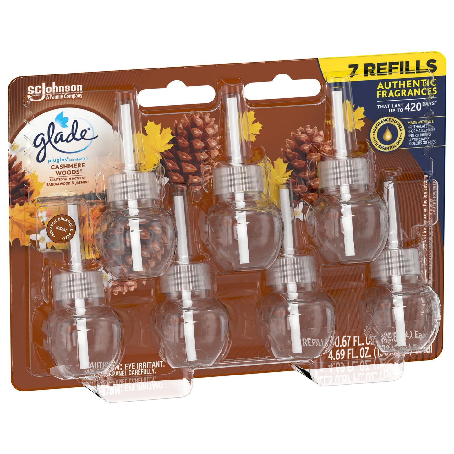 Glade PlugIns Scented Oil Refill Cashmere Woods, Essential Oil Infused Wall Plug In, 4.69 fl oz, Pack of 7