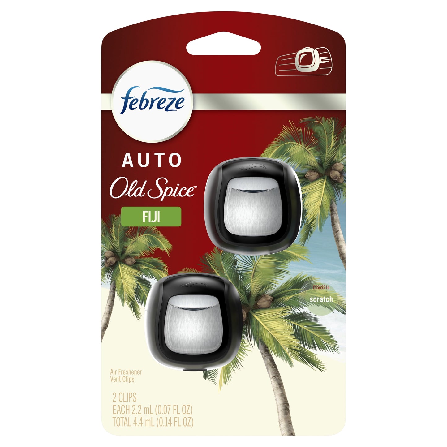 Febreze AUTO Air Freshener Vent Clip Old Spice Fiji Scent, .07 oz. Car Vent Clip, Pack of 2