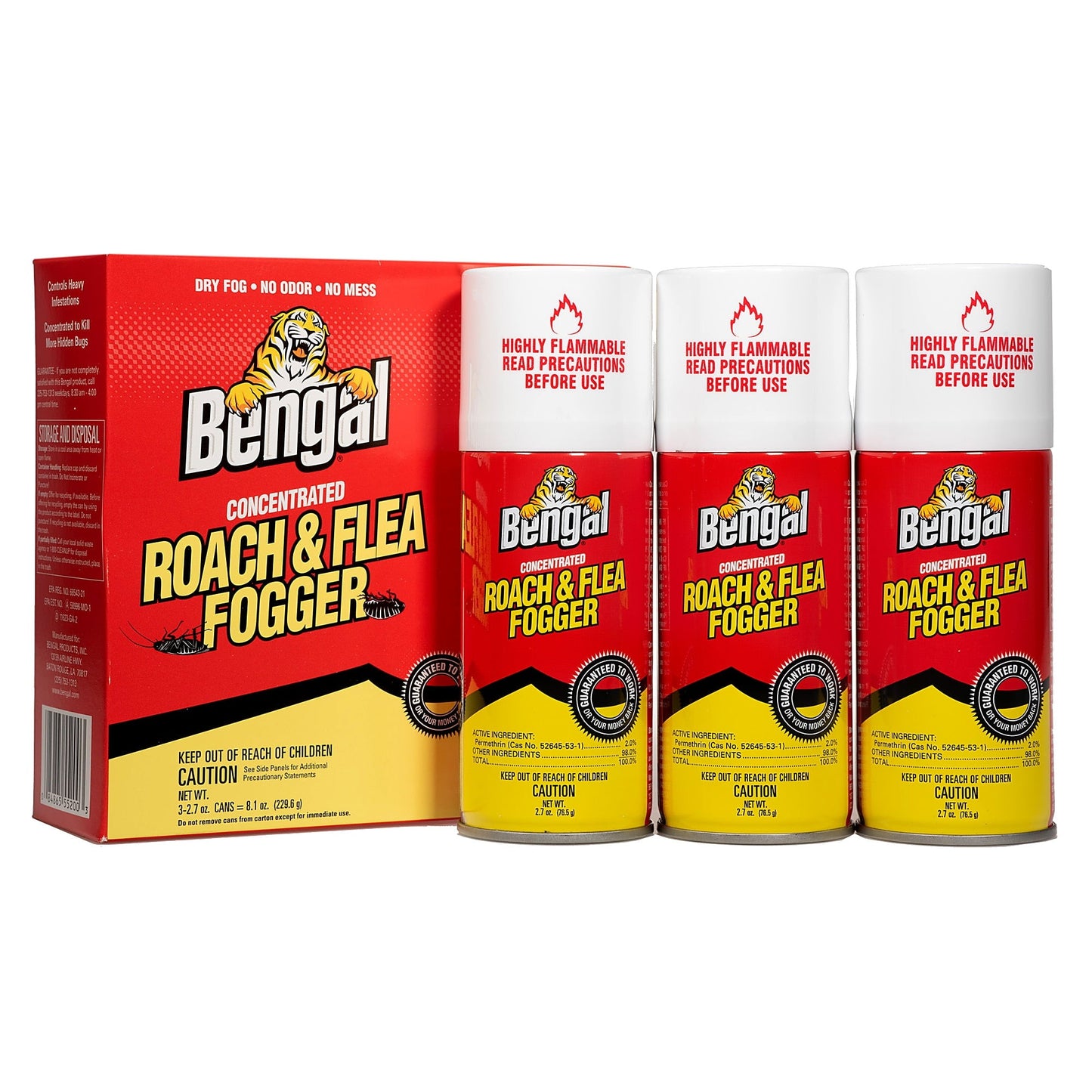 Bengal Concentrated Roach and Flea Killer Fogger, Odorless Mess-Free Dry Fog, 3 Count, 2.7 Oz Aerosol Cans