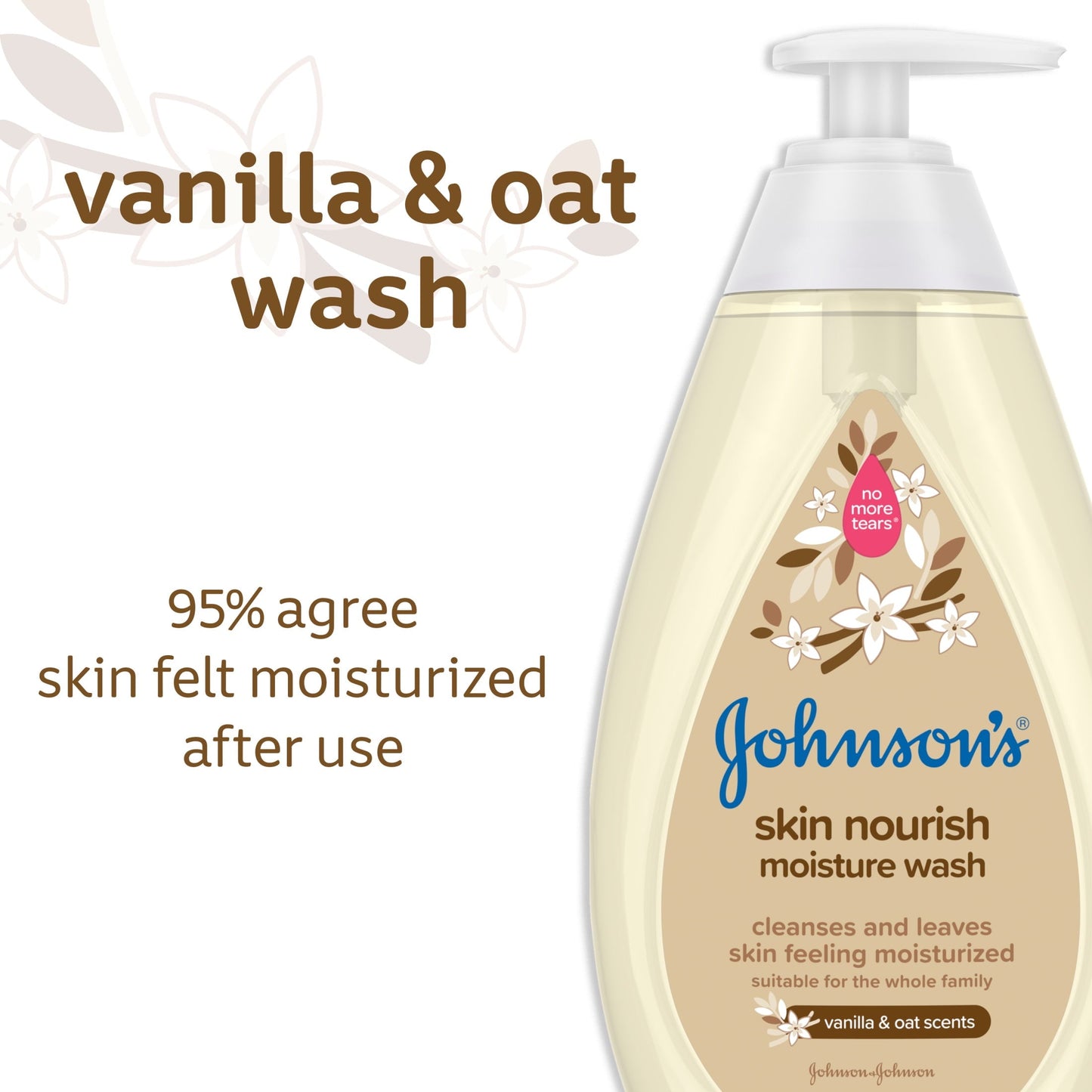 Johnson's Skin Nourish Moisture Tear Free Soap and Body Wash, Vanilla and Oat Shower Gel, 20.3 oz