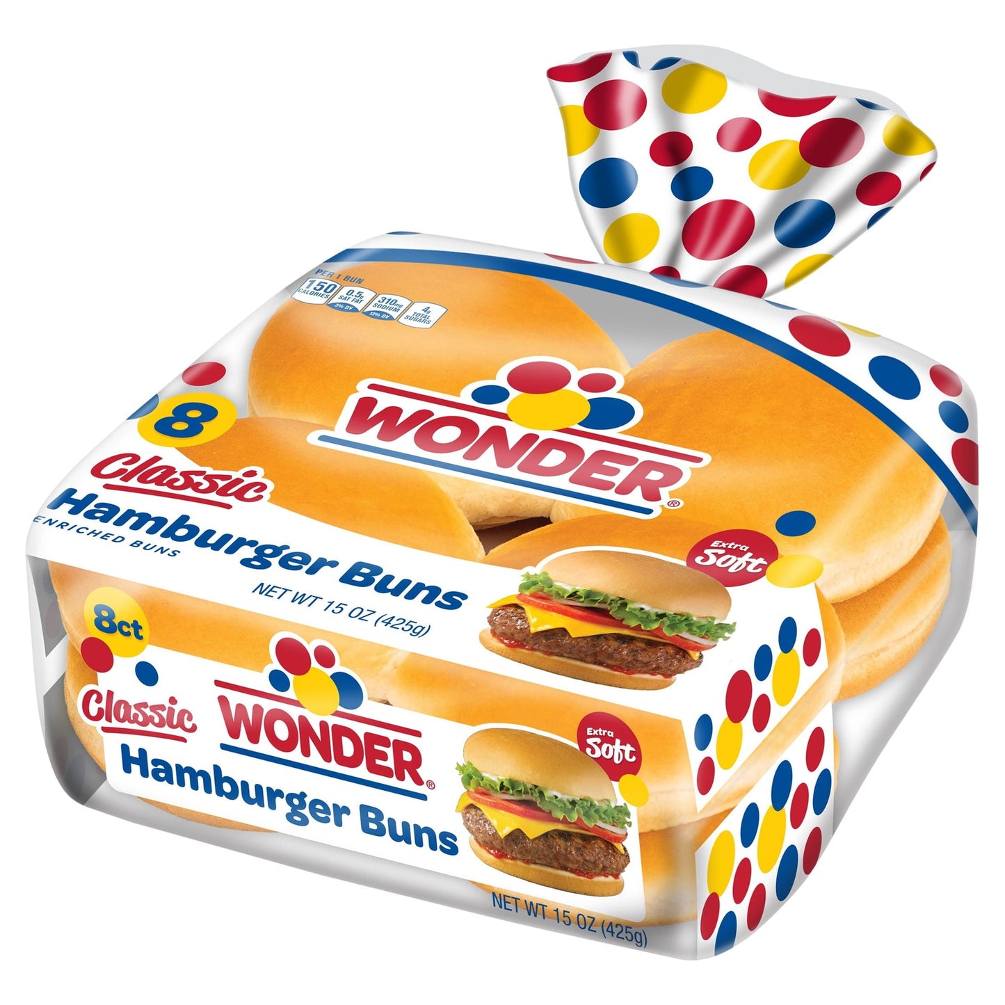 Wonder Bread Classic Extra Soft White Bread Hamburger Buns, 15 oz, 8 Count