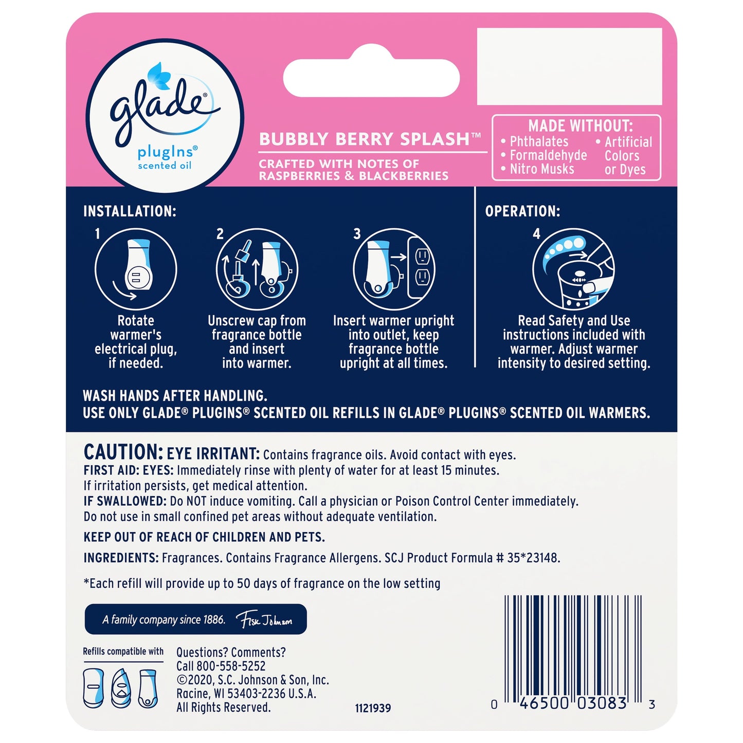 Glade PlugIns Scented Oil 2 Refills, Air Freshener, Bubbly Berry Splash, 2 x 1.34 oz