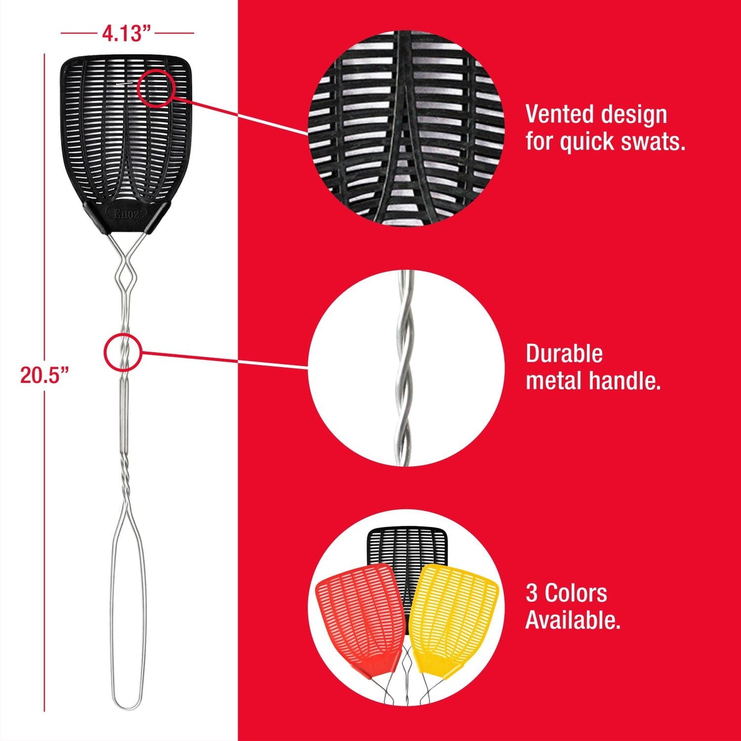 Enoz Fly Swatter, Wire Handled Plastic Fly Swatter, Assorted Colors, 2 Ct (4" L, 5" W, 21" H)