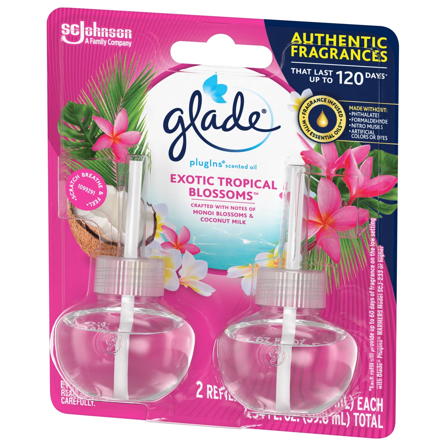 Glade PlugIns Refill 2 ct, Exotic Tropical Blossoms, 1.34 FL. oz. Total, Scented Oil Air Freshener Infused with Essential Oils