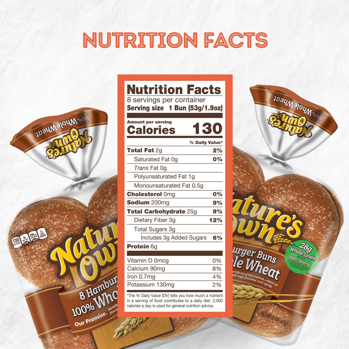 Nature's Own 100% Whole Wheat Hamburger Buns, 15 oz, 8 Count