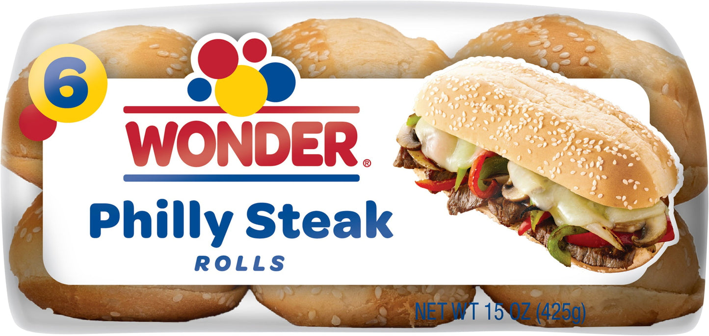 Wonder Bread Philly Steak Rolls, White Bread Sub Rolls, 15 oz, 6 Count