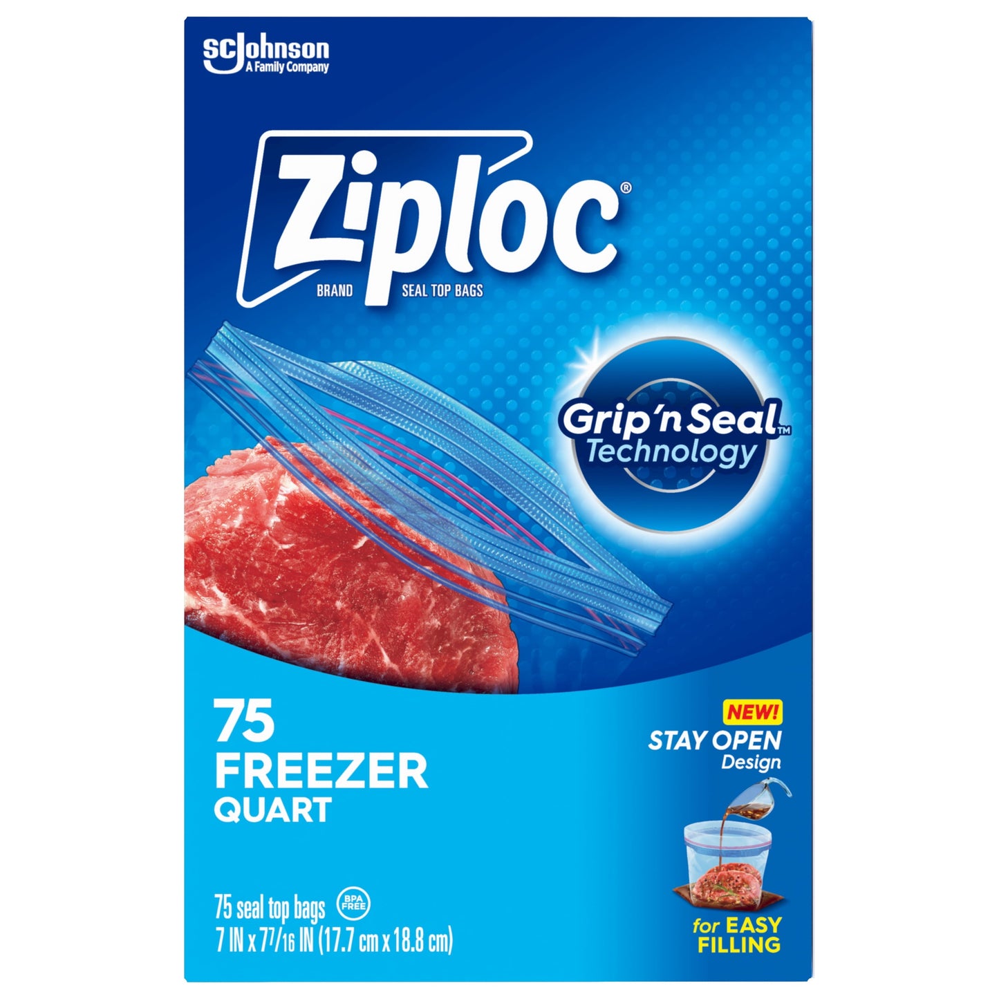 Ziploc® Brand Freezer Bags with New Stay Open Design, Quart, 75, Patented Stand-up Bottom, Easy to Fill Freezer Bag, Unloc a Free Set of Hands in the Kitchen, Microwave Safe, BPA Free