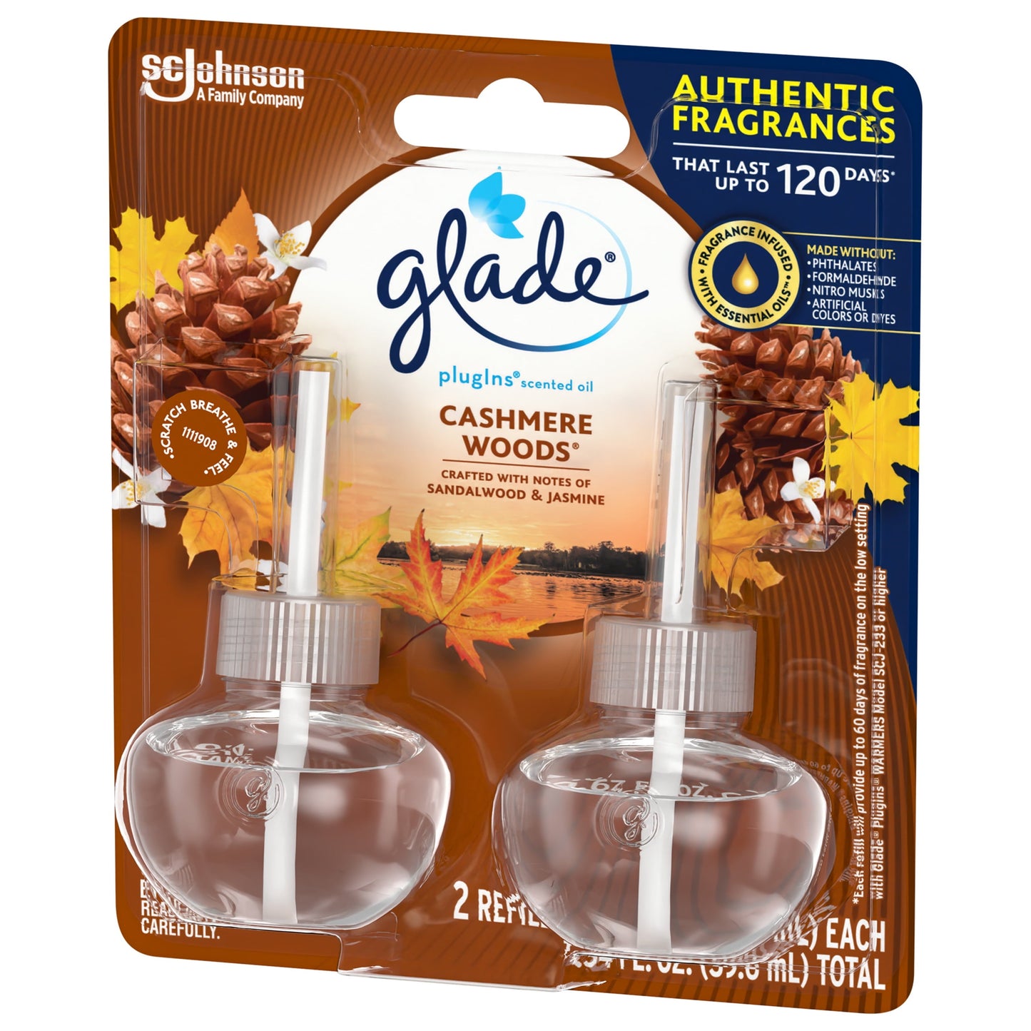 Glade PlugIns Refill 2 ct, Cashmere Woods, 1.34 FL. oz. Total, Scented Oil Air Freshener Infused with Essential Oils