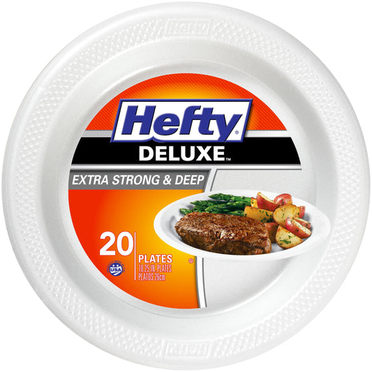 Hefty Deluxe Extra Strong & Deep Foam Plates, Round, White, 10.25 Inch, 20 Count