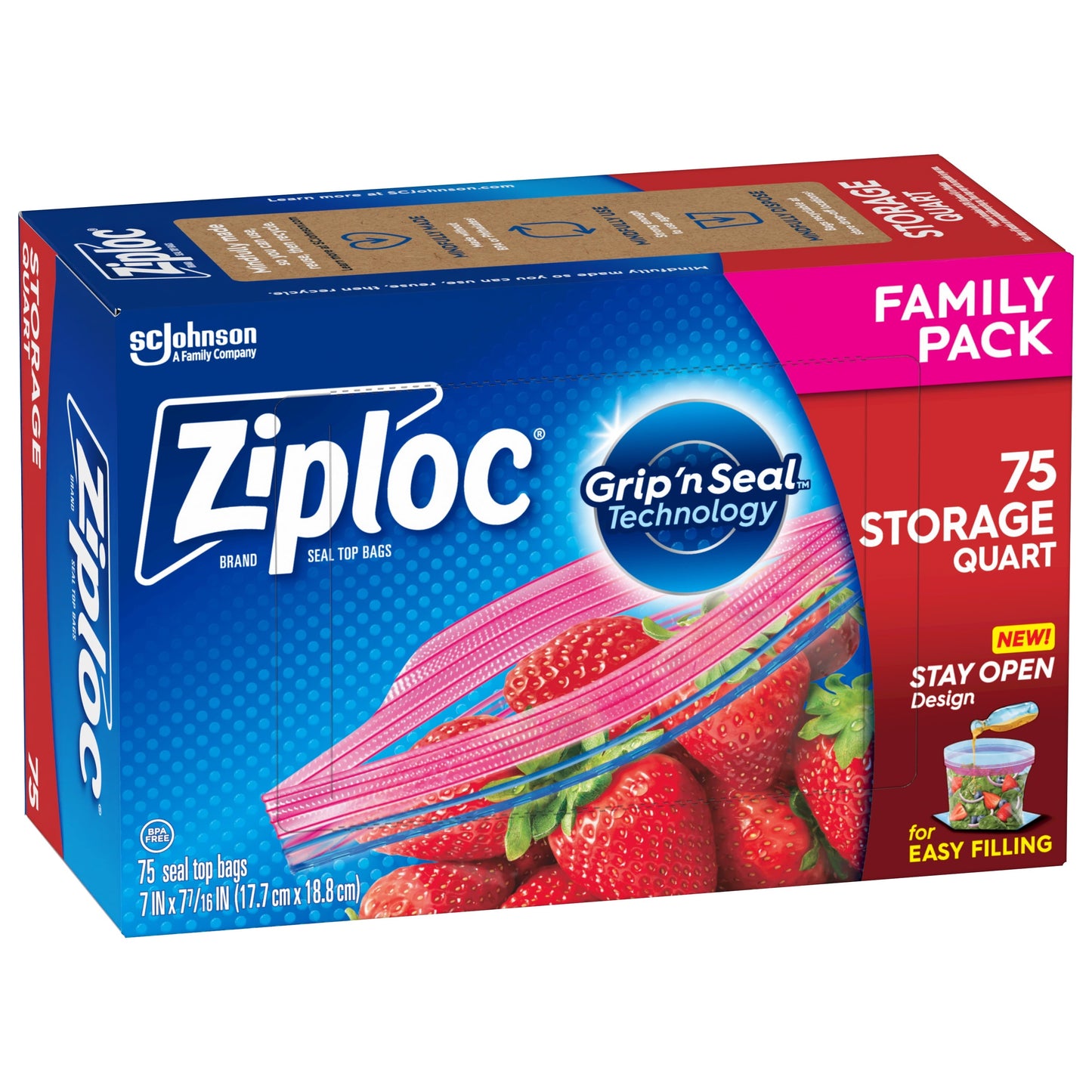 Ziploc® Brand Storage Bags with New Stay Open Design, Quart, 75 Count, Patented Stand-up Bottom, Easy to Fill Food Storage Bags, Unloc a Free Set of Hands in the Kitchen, Microwave Safe, BPA Free