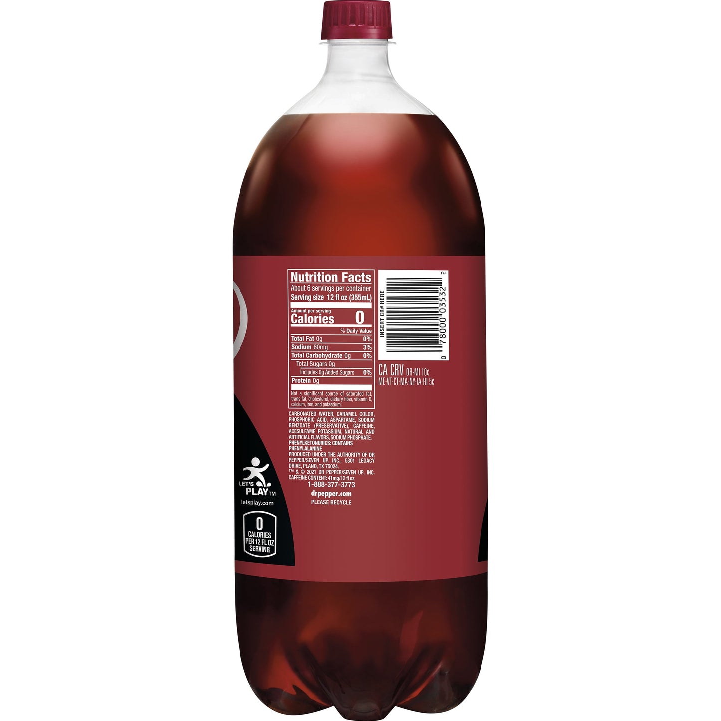 Dr Pepper Zero Sugar Soda, 2 L bottle