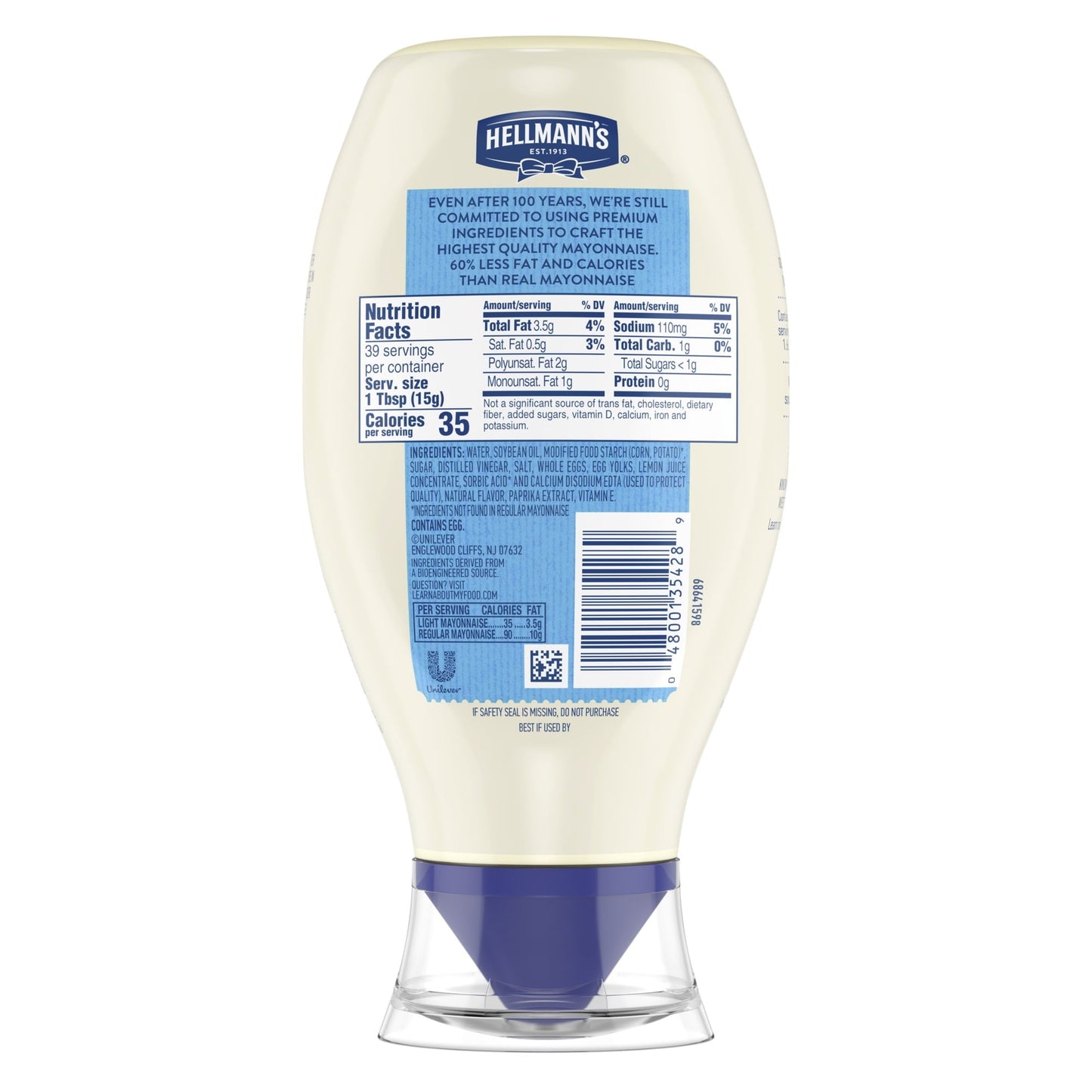 Hellmann's Made with Cage Free Eggs Light Mayonnaise, 20 fl oz Bottle