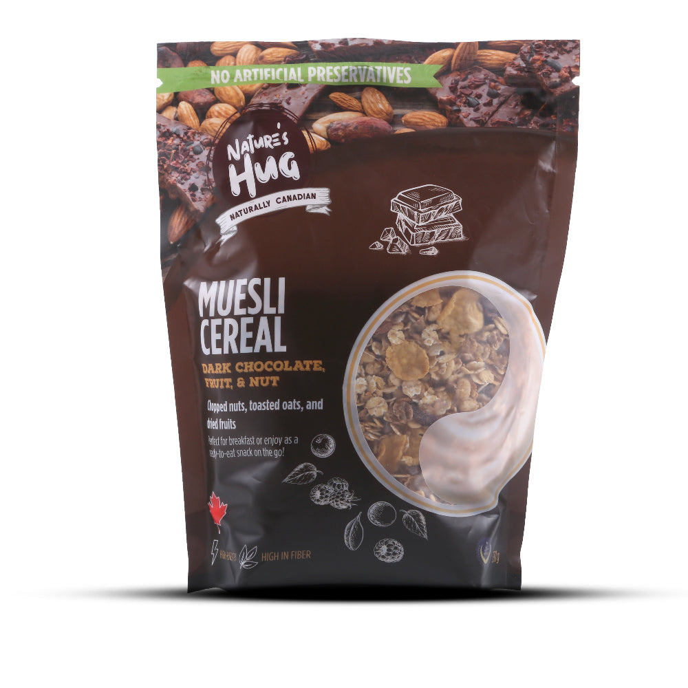 NATURE'S HUG MUESLI DARK CHOCOLATE FRUIT AND NUT CEREAL 330 GM