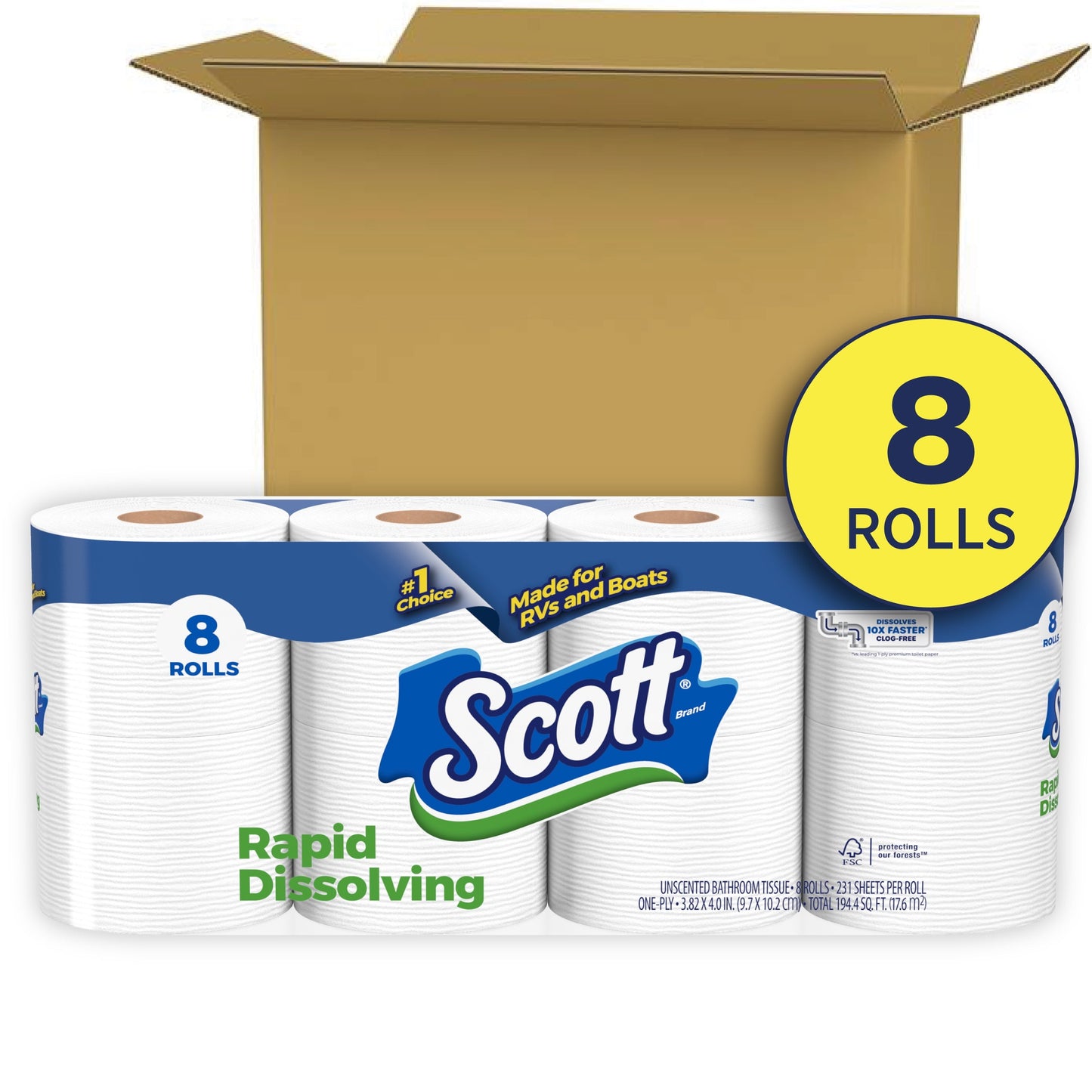 Scott Rapid-Dissolving Toilet Paper for RVs & Boats, 8 Double Rolls, 231 Sheets Per Roll (1,848 Total)