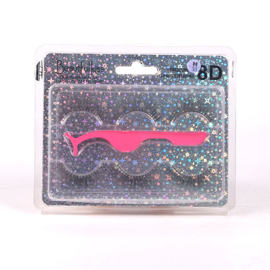 BEAUTIFUL KISS 8D 3 PAIR EYE LASHES & TWEEZER PACK IR E-7518