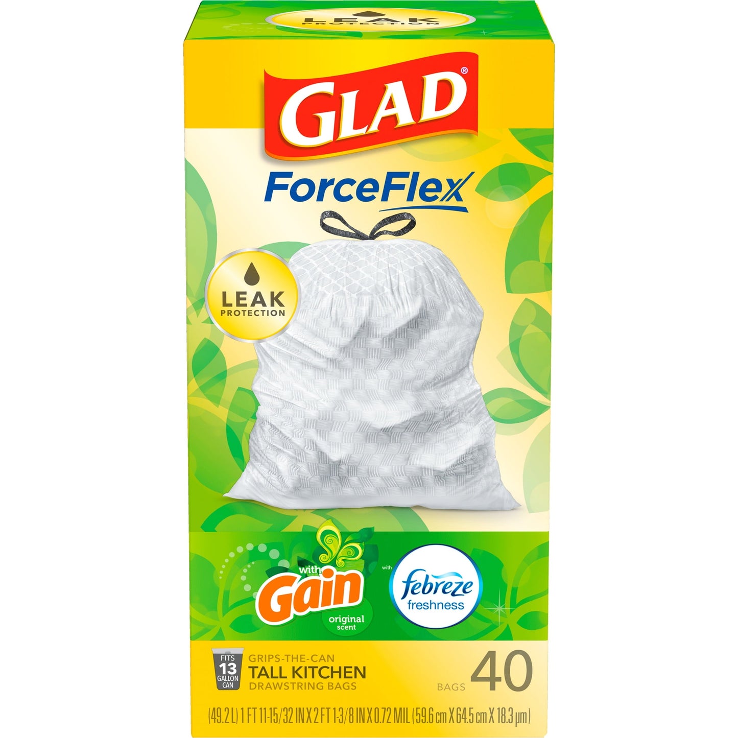 Glad ForceFlex 13 Gallon Tall Kitchen Trash Bags, Gain Original Scent, Febreze Freshness, 40 Bags