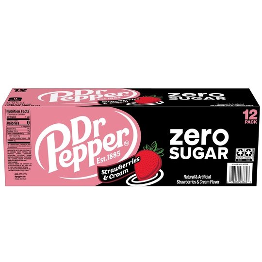 Dr Pepper Zero Sugar Strawberries and Cream Soda Pop, 12 fl oz, 12 Pack Cans