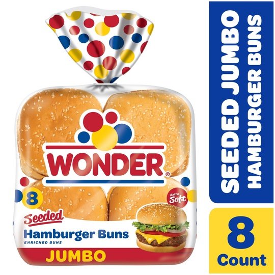 Wonder Bread Jumbo Seeded White Bread Hamburger Buns, 15 oz, 8 Count