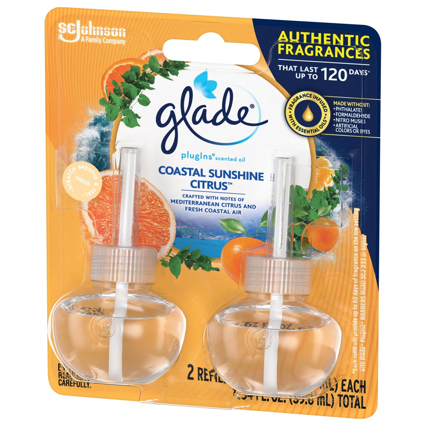 Glade PlugIns Scented Oil 2 Refills, Glade Plug in refills, Air Freshener, Coastal Sunshine Citrus™, 2 x 0.67 oz