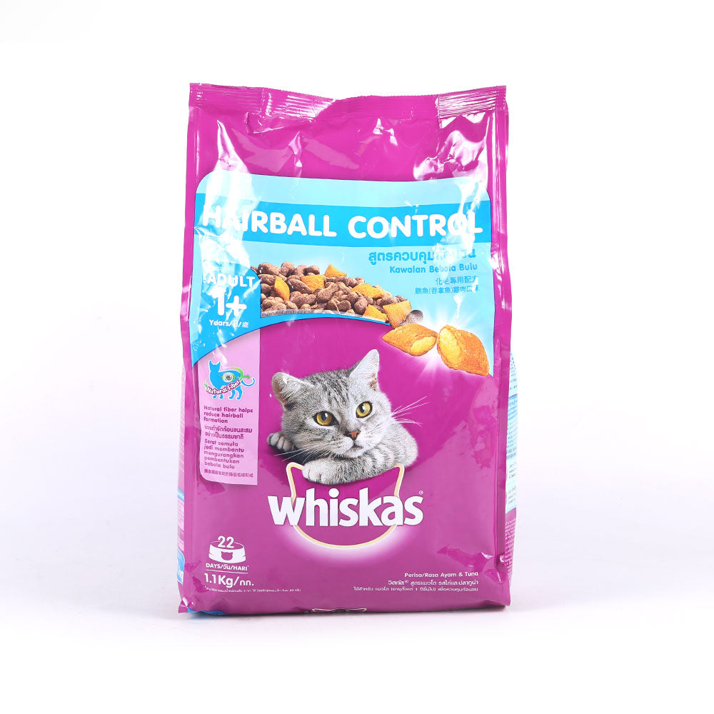 WHISKAS CAT FOOD ADULT CHICKEN TUNA & HAIRBALL 1+YEAR 1.1 KG