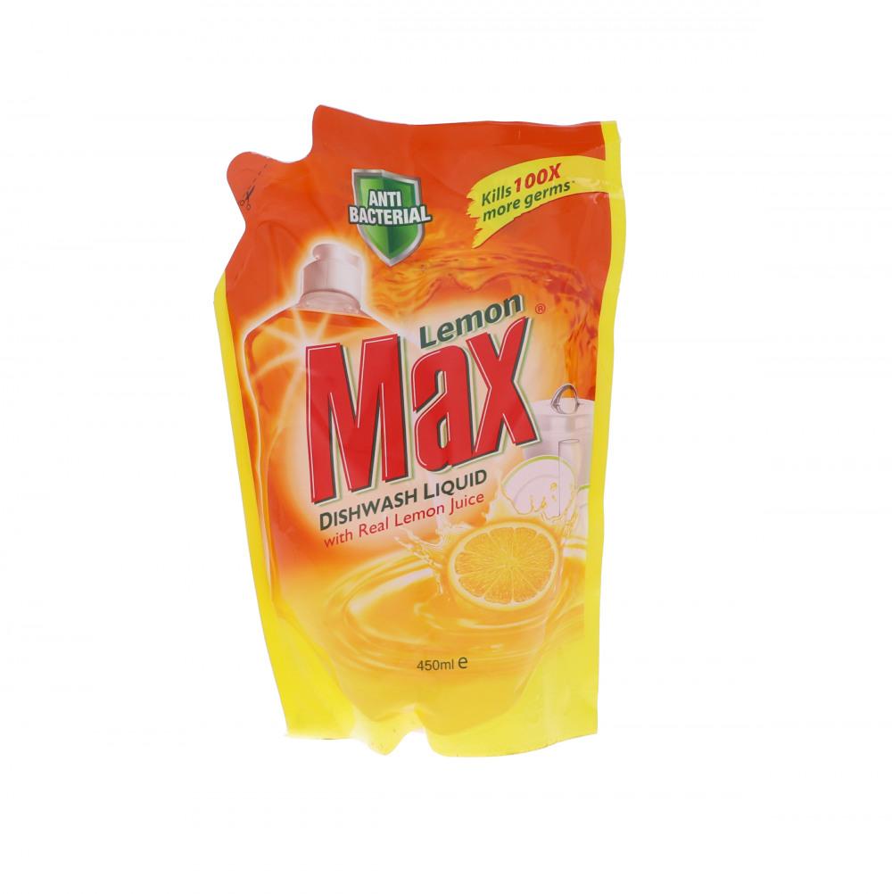 LEMON MAX DISHWASH LIQUID ANTI BACTERIAL POUCH 450 ML