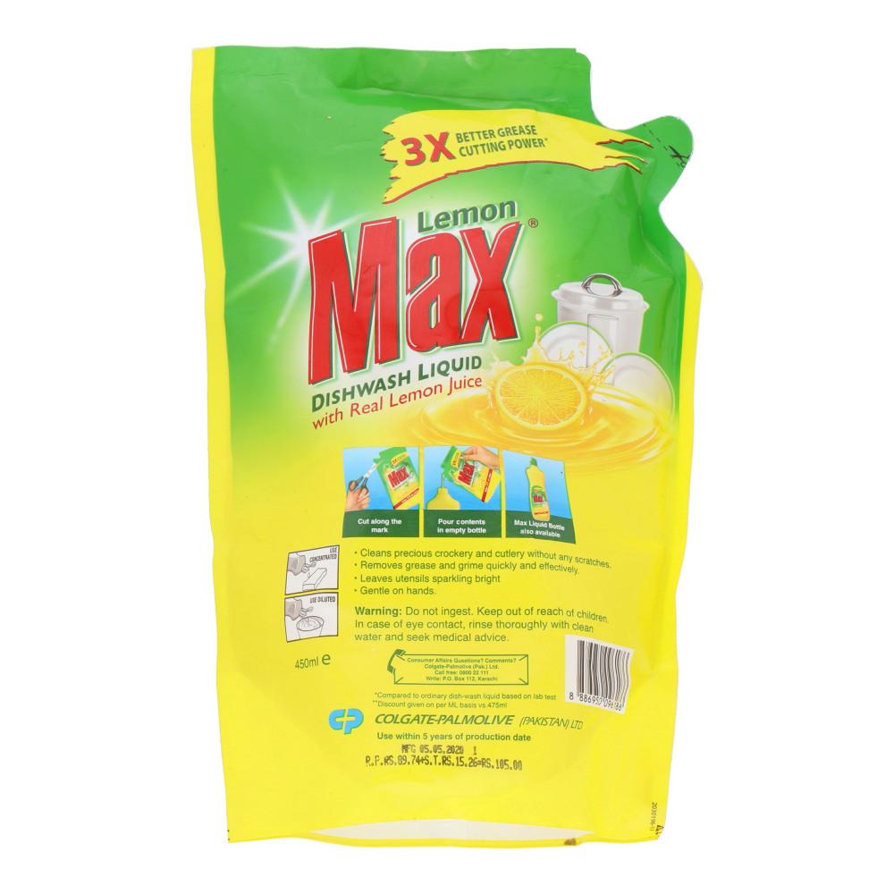 LEMON MAX DISHWASH LIQUID LEMON POUCH 450 ML