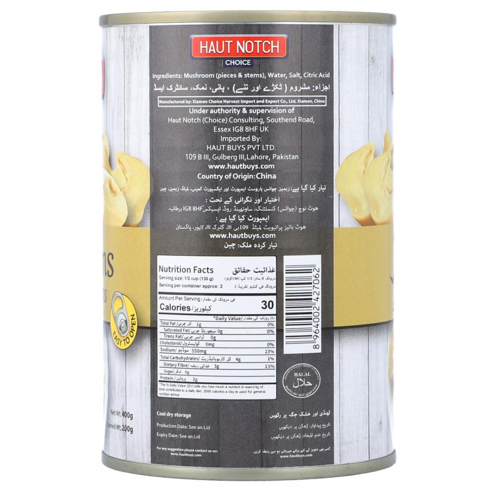 HAUT NOTCH CHOICE MUSHROOMS PIECES AND STEMS TIN 400GM