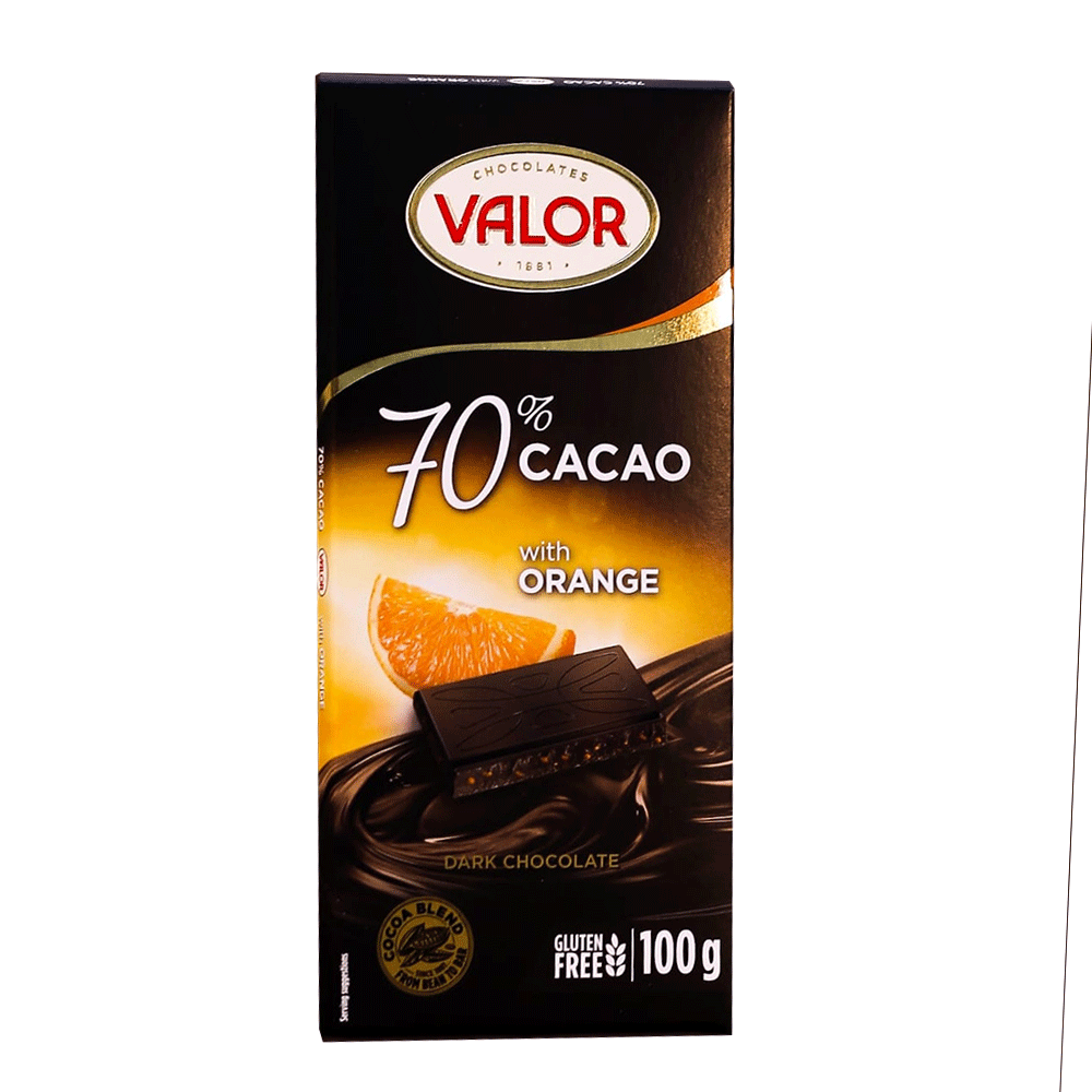 VALOR DARK CHOCOLATE 70% CACAO WITH ORANGE 100 GM