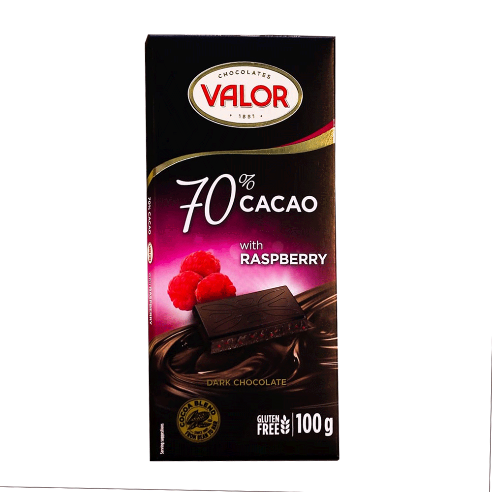 VALOR DARK CHOCOLATE 70% CACAO WITH RASPBERRY 100 GM