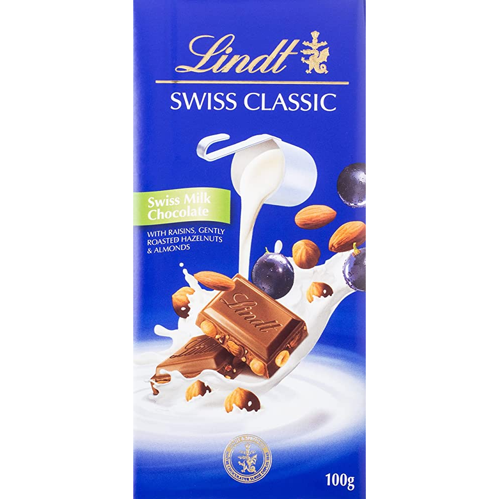 LINDT CHOCOLATE MILK RAISIN NUT 100 GM