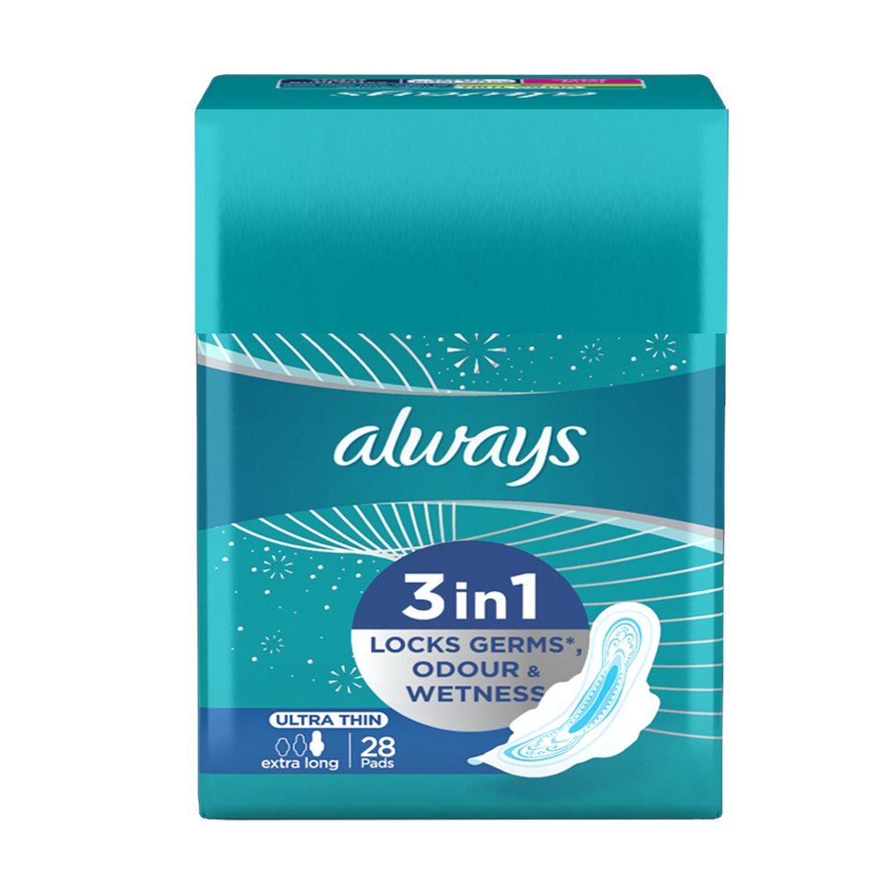 ALWAYS ULTRA PADS 3 PACK WITH 1 PACK FREE 28PCS EXTRA LONG