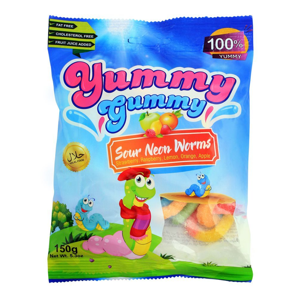 YUMMY GUMMY JELLY SOUR NEON WORMS BAG 150 GM