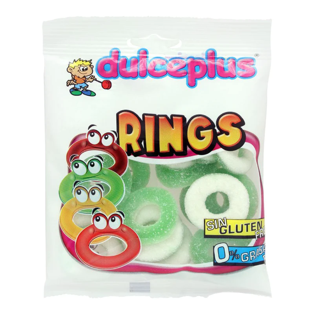 DULCEPLUS JELLY SOUR APPLE RINGS GLUTEN FREE 100 GM