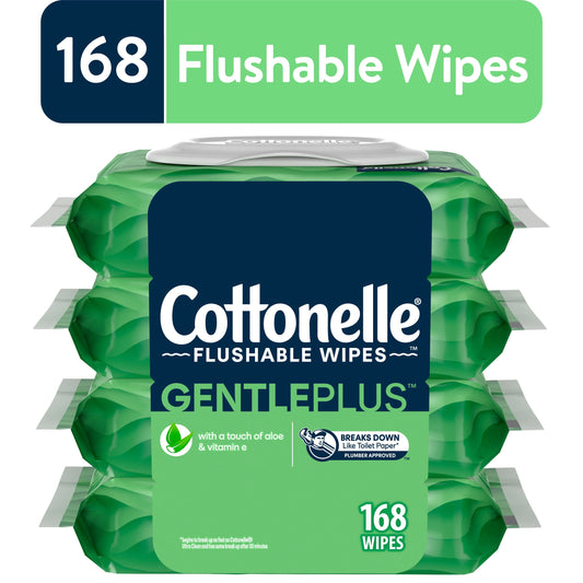 Cottonelle Gentle Plus Flushable Wipes, 4 Flip-Top Packs, 42 Wipes Per Pack (168 Total)