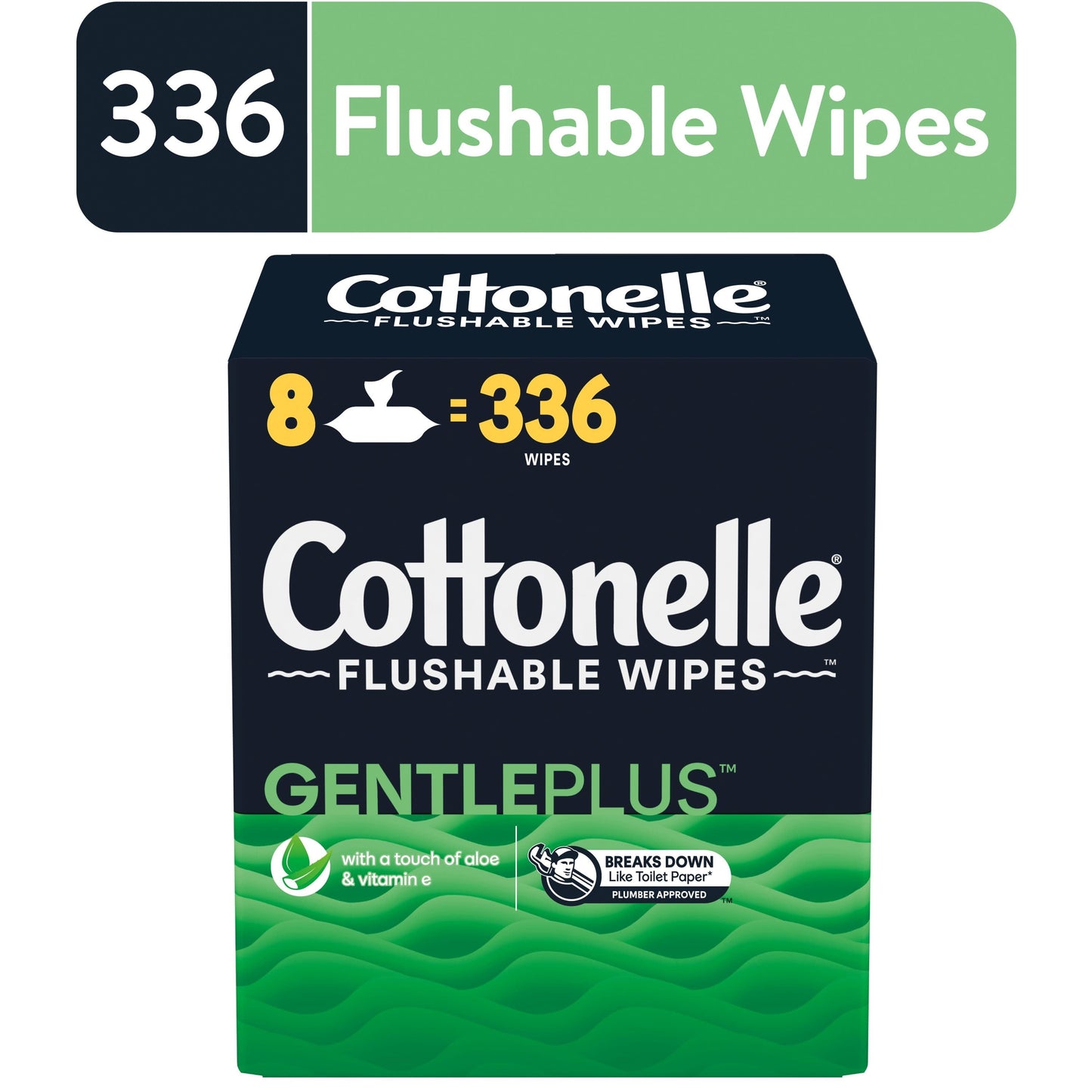 Cottonelle Gentle Plus Flushable Wipes, 8 Flip-Top Packs, 42 Wipes Per Pack (336 Total)