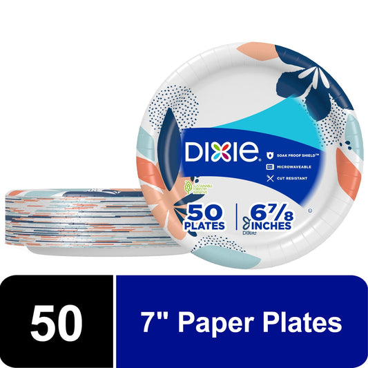 Dixie Disposable Paper Plates, Multicolor, 7 in, 50 Count