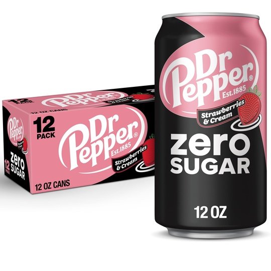 Dr Pepper Zero Sugar Strawberries and Cream Soda Pop, 12 fl oz, 12 Pack Cans