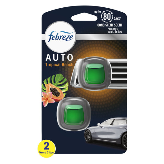 Febreze AUTO Air Freshener Vent Clip Tropical Beach Scent, .07 oz. Car Vent Clip, Pack of 2