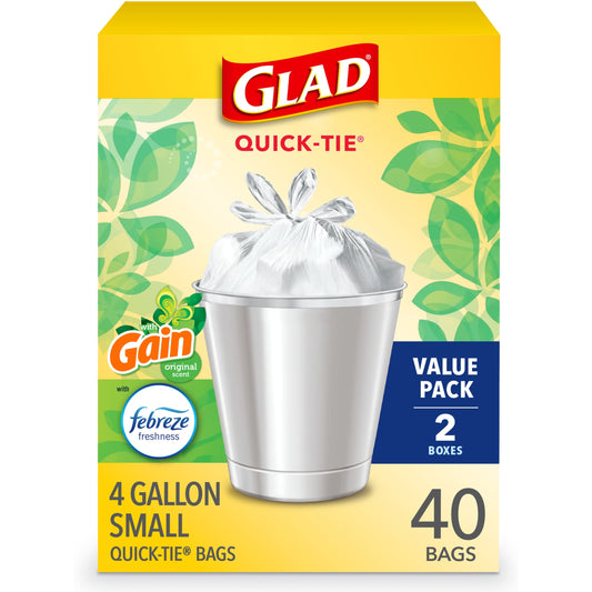 Glad 4 Gallon Small Quick Tie Trash Bags, Gain Original Scent, Febreze Freshness, 40 Bags