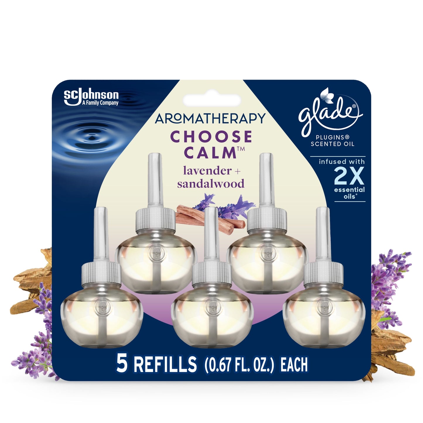 Glade Aromatherapy PlugIns Scented Oil Refills, Air Freshener, Fragrance Infused with Essential Oils, Choose Calm Scent with Notes of Lavender & Sandalwood, 5 x 0.67 oz (19.8 ml)